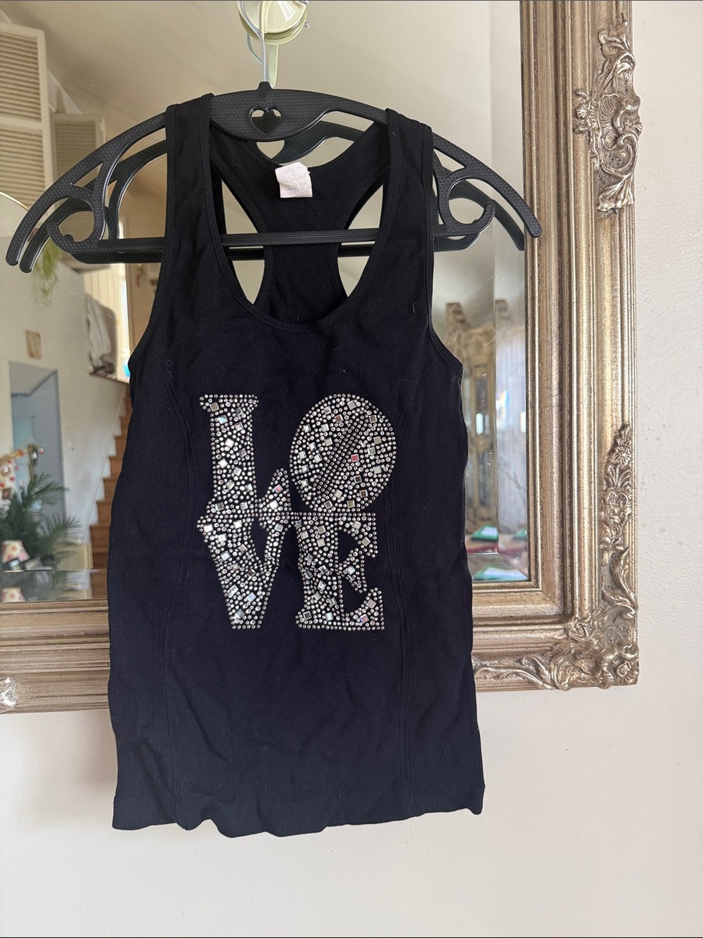 Black Women's Tank Top with 'LOVE' Rhinestone Design